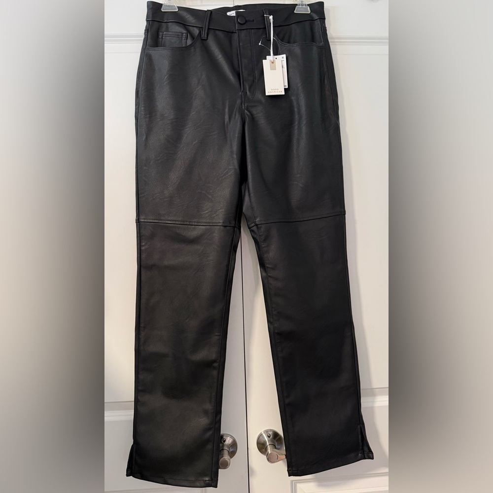 Good American Black Faux Leather Straight-Leg Pants 14